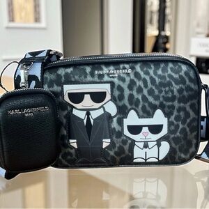 KARL LAGERFELD Maybelle Leopard Black Crossbody Bag 2 Compartments / AirPod Case